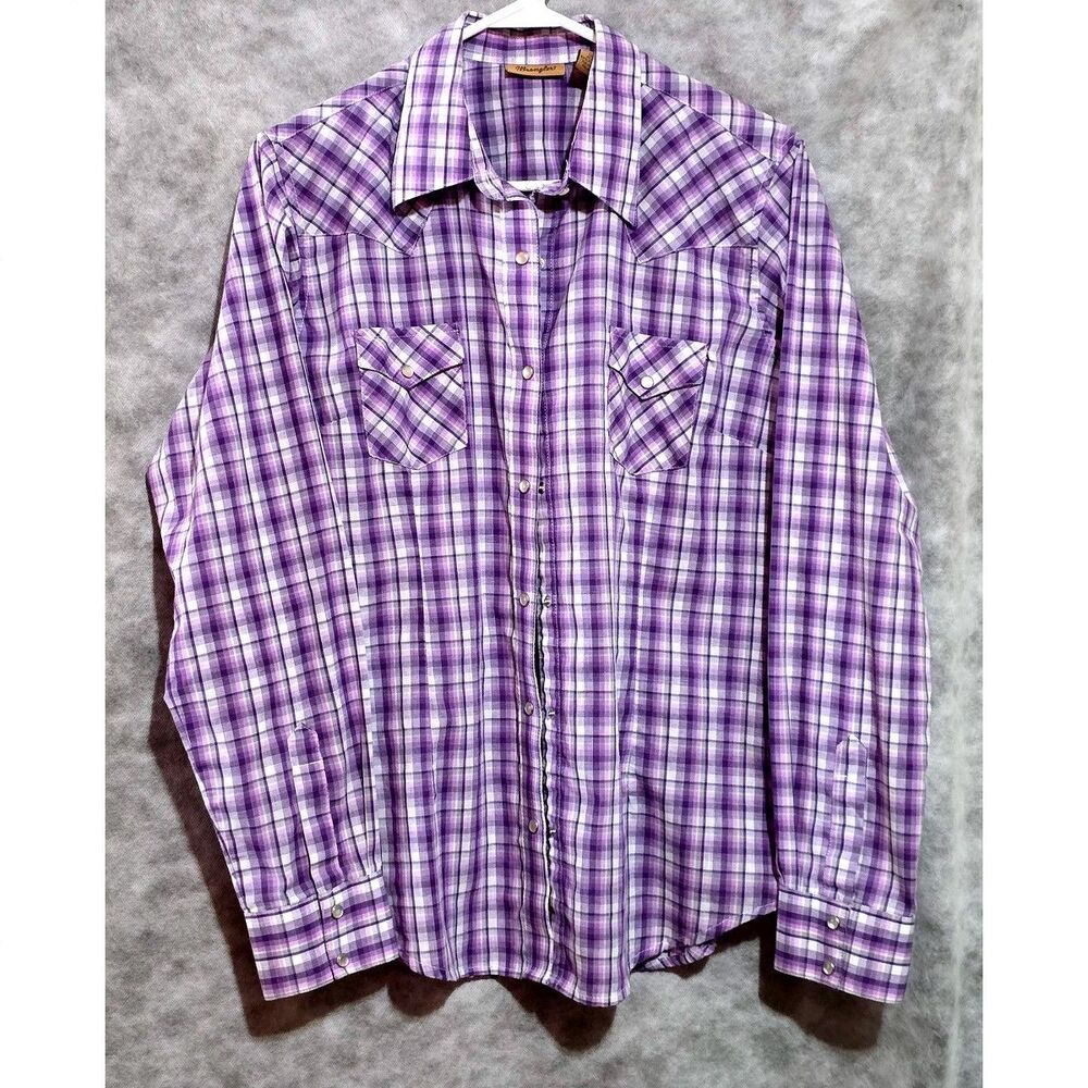 Wrangler Western shirt Wmns Sz L plaid lavender white pearl snaps rodeo cowgirl